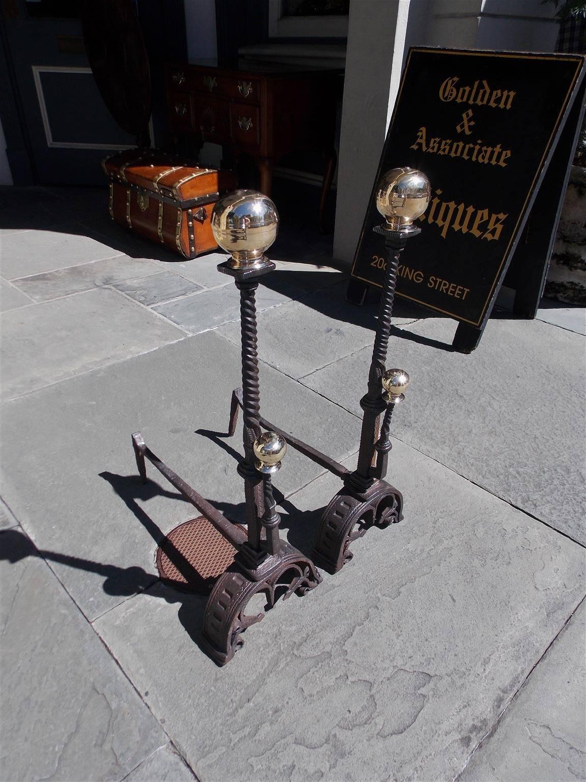 Cast Pair of English Wrought Iron and Brass Ball Top Andirons, Circa 1780 For Sale