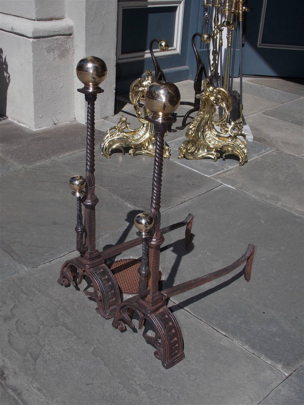 George III Pair of English Wrought Iron and Brass Ball Top Andirons, Circa 1780 For Sale