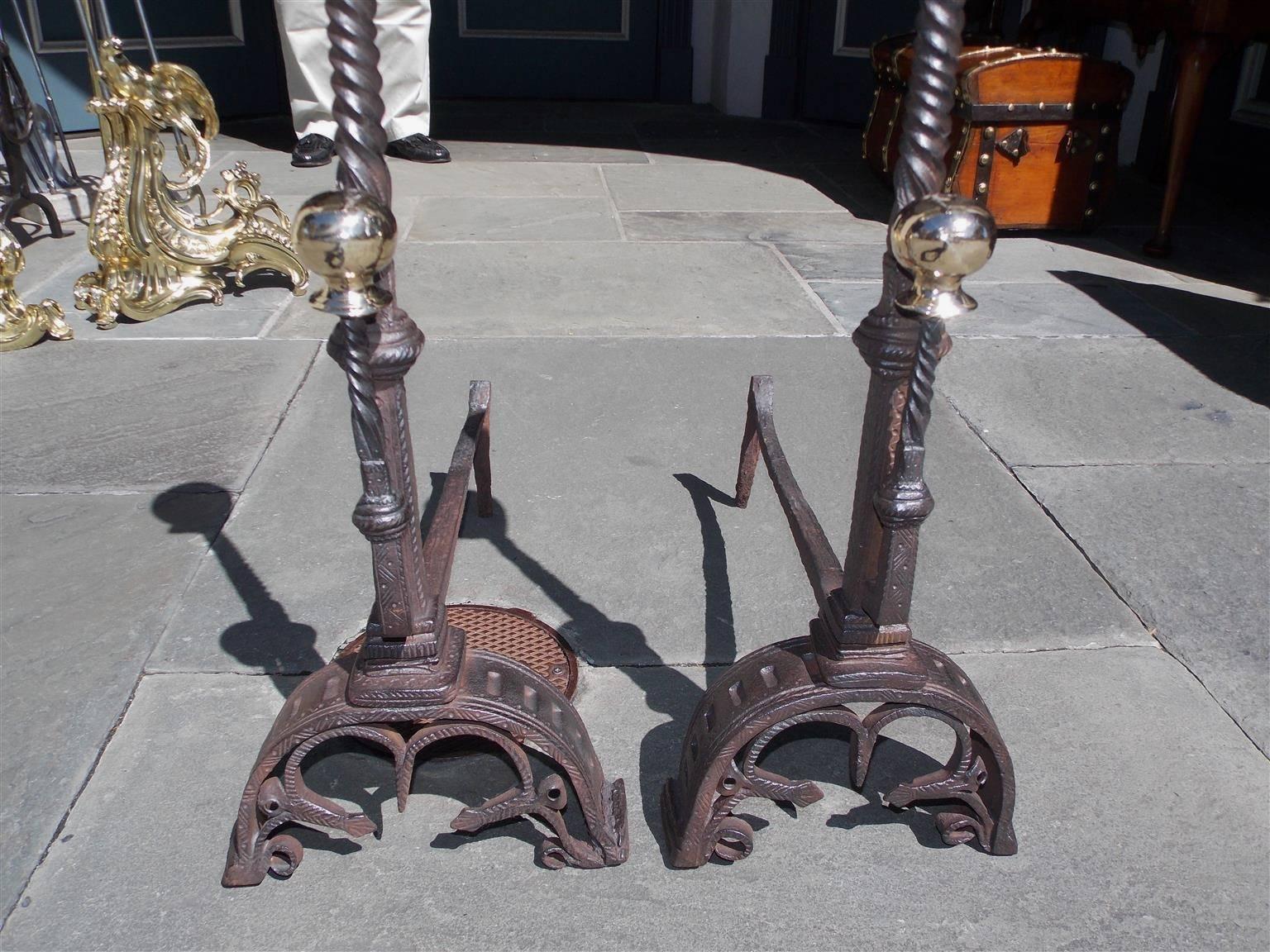Pair of English Wrought Iron and Brass Ball Top Andirons, Circa 1780 For Sale 1