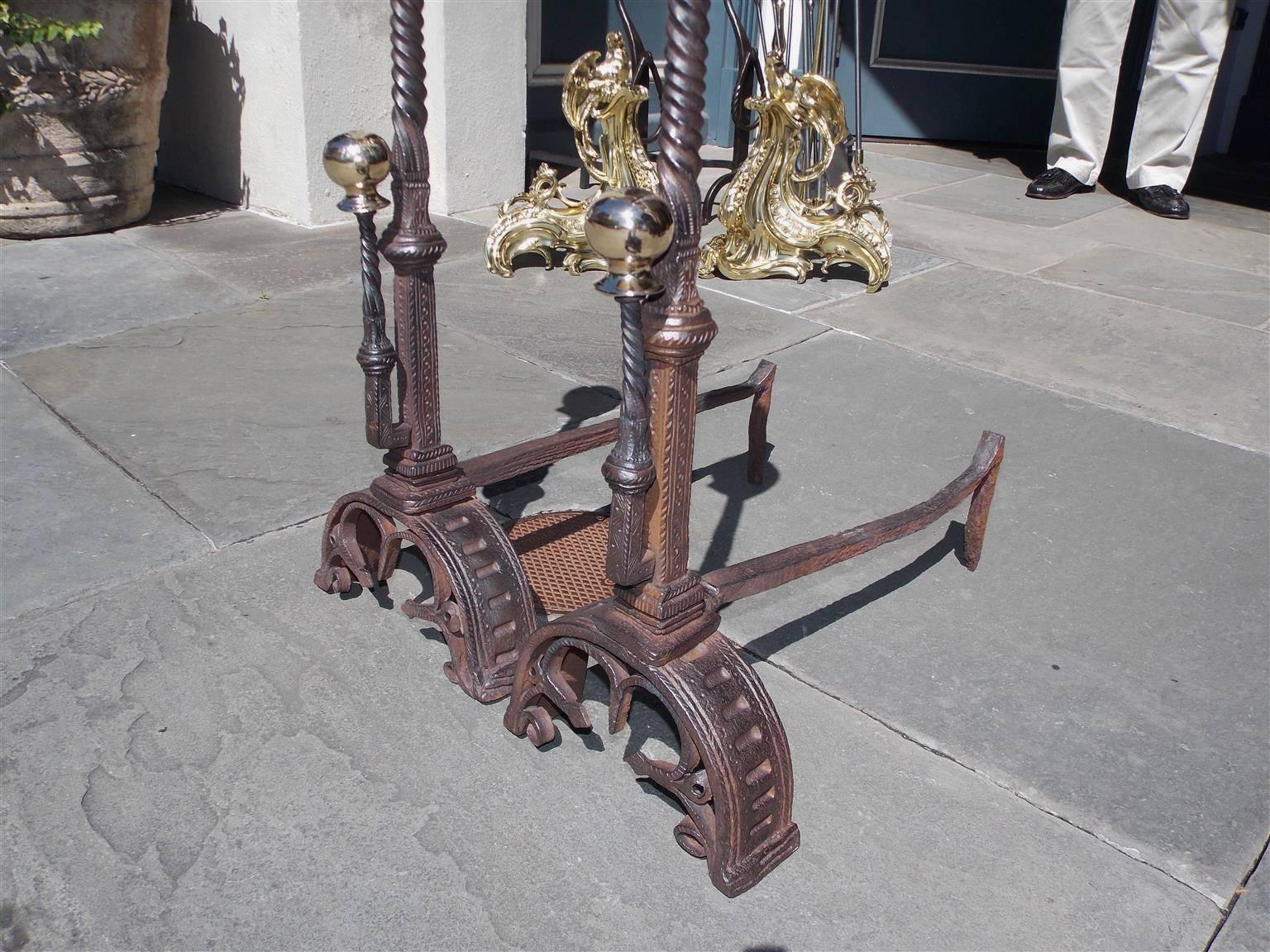 Pair of English Wrought Iron and Brass Ball Top Andirons, Circa 1780 For Sale 3