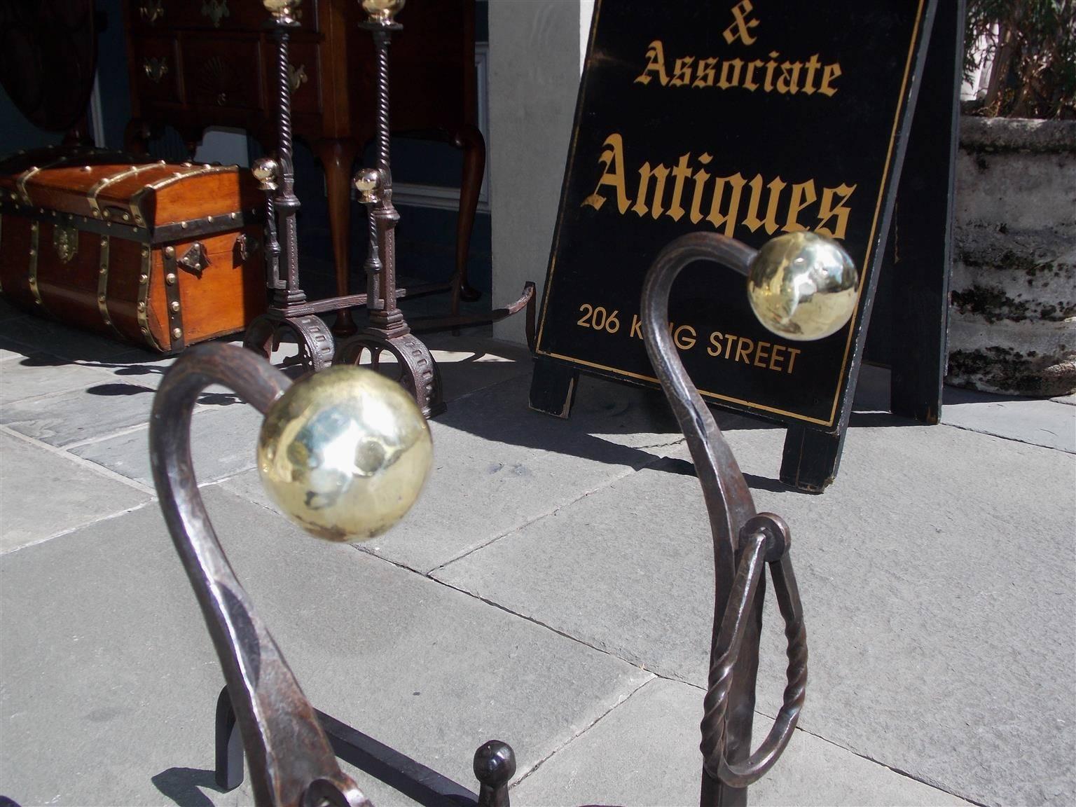 American Empire American Wrought Iron and Brass Ball Top Goose Neck Andirons, Circa 1830 For Sale