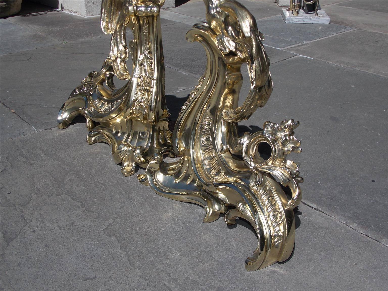 Early 19th Century Pair of French Brass Parrot and Scrolled Foilage Chenets, Circa 1810