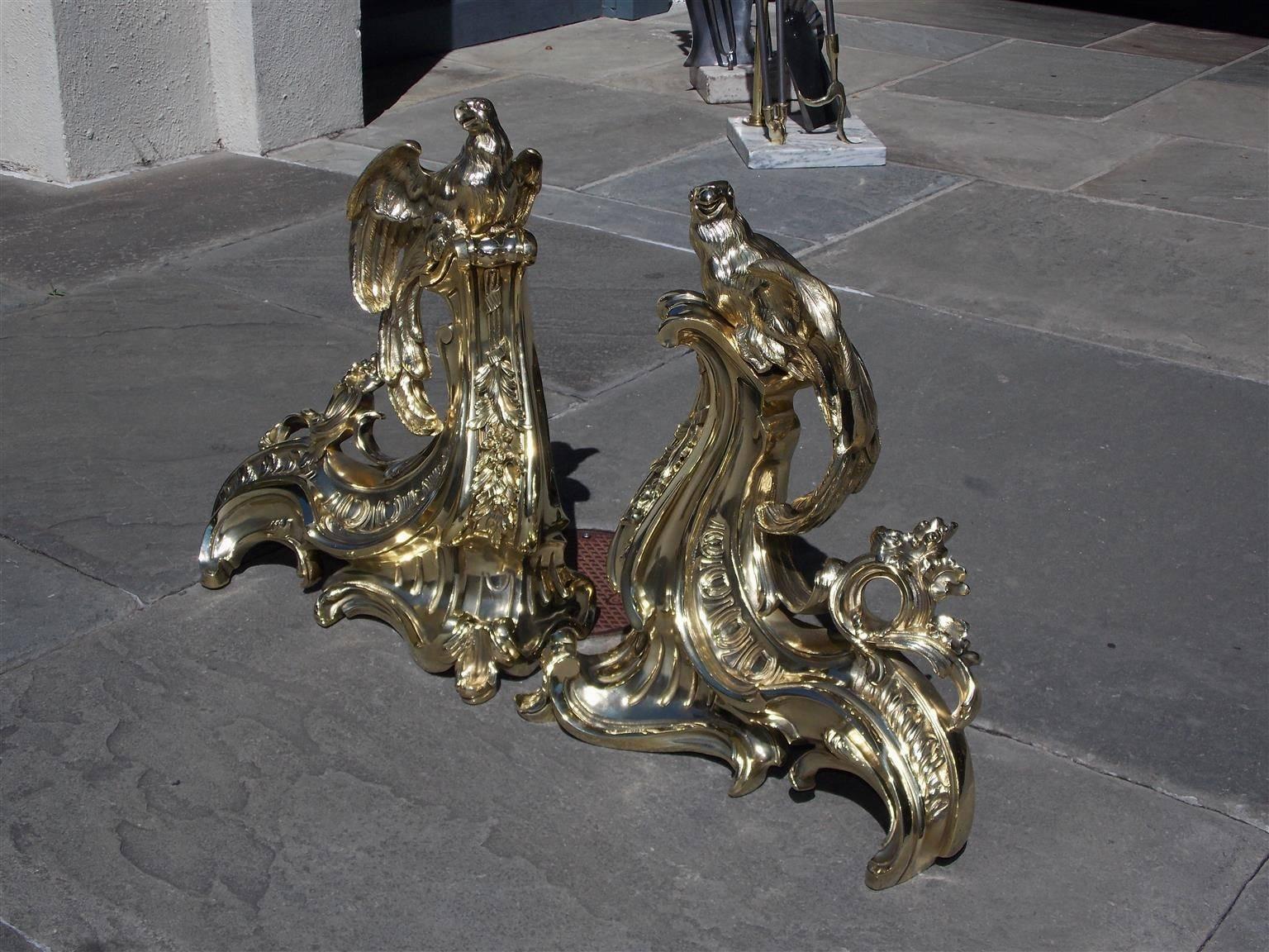 Cast Pair of French Brass Parrot and Scrolled Foilage Chenets, Circa 1810