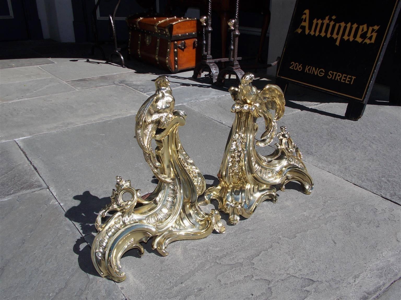 Louis XVI Pair of French Brass Parrot and Scrolled Foilage Chenets, Circa 1810