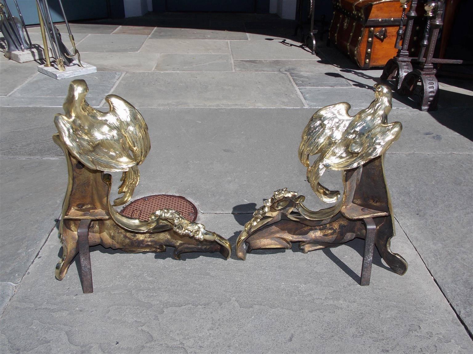 Pair of French Brass Parrot and Scrolled Foilage Chenets, Circa 1810 1