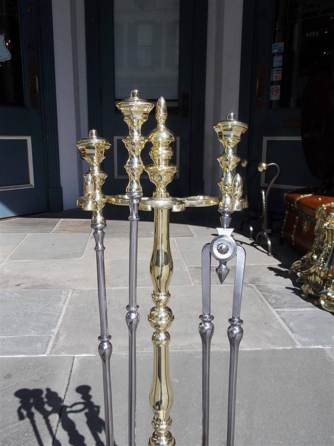 Hand-Carved American Brass and Polished Steel Fire Tools on Marble Stand, Circa 1830 For Sale