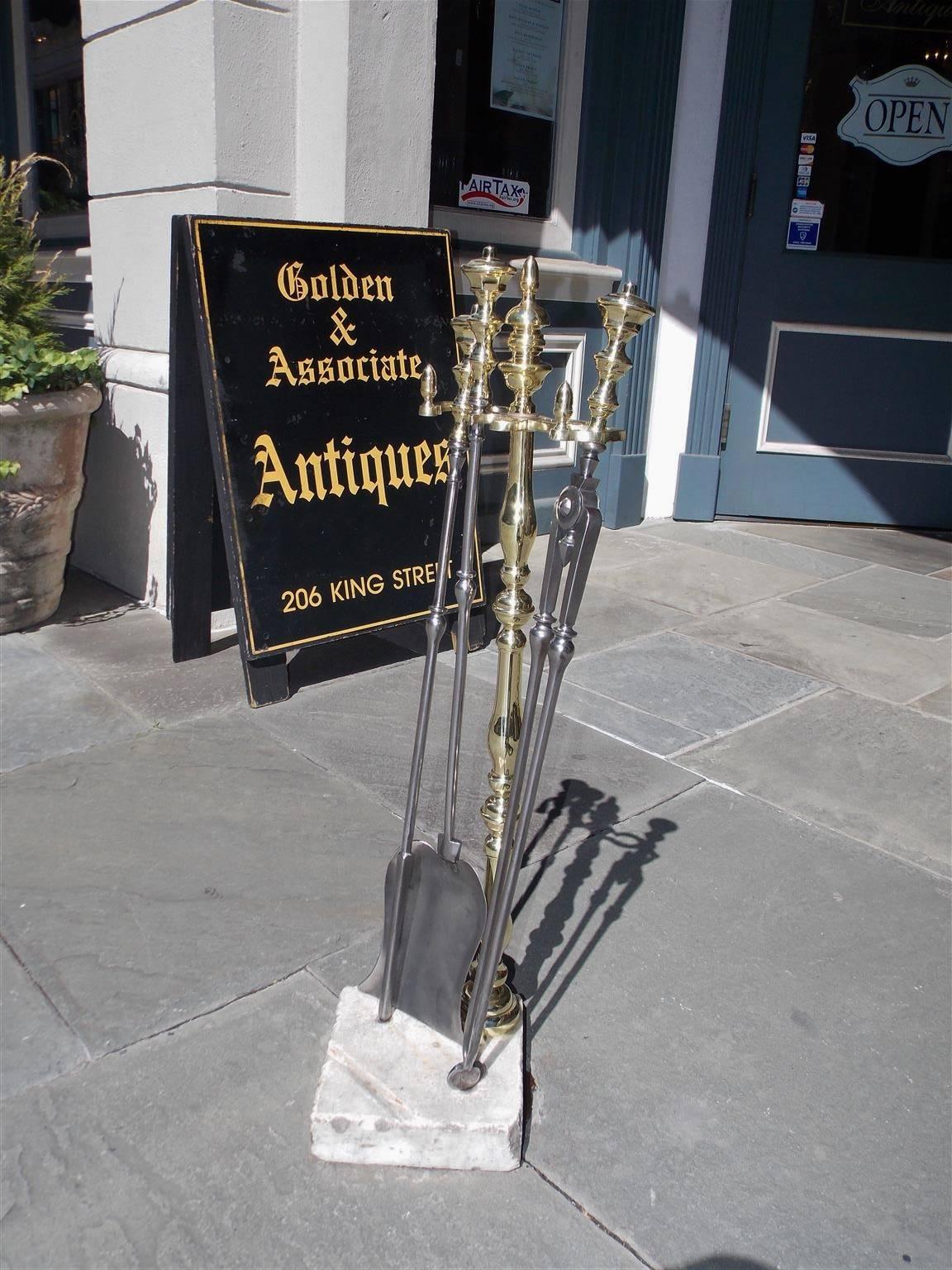 American Empire American Brass and Polished Steel Fire Tools on Marble Stand, Circa 1830 For Sale