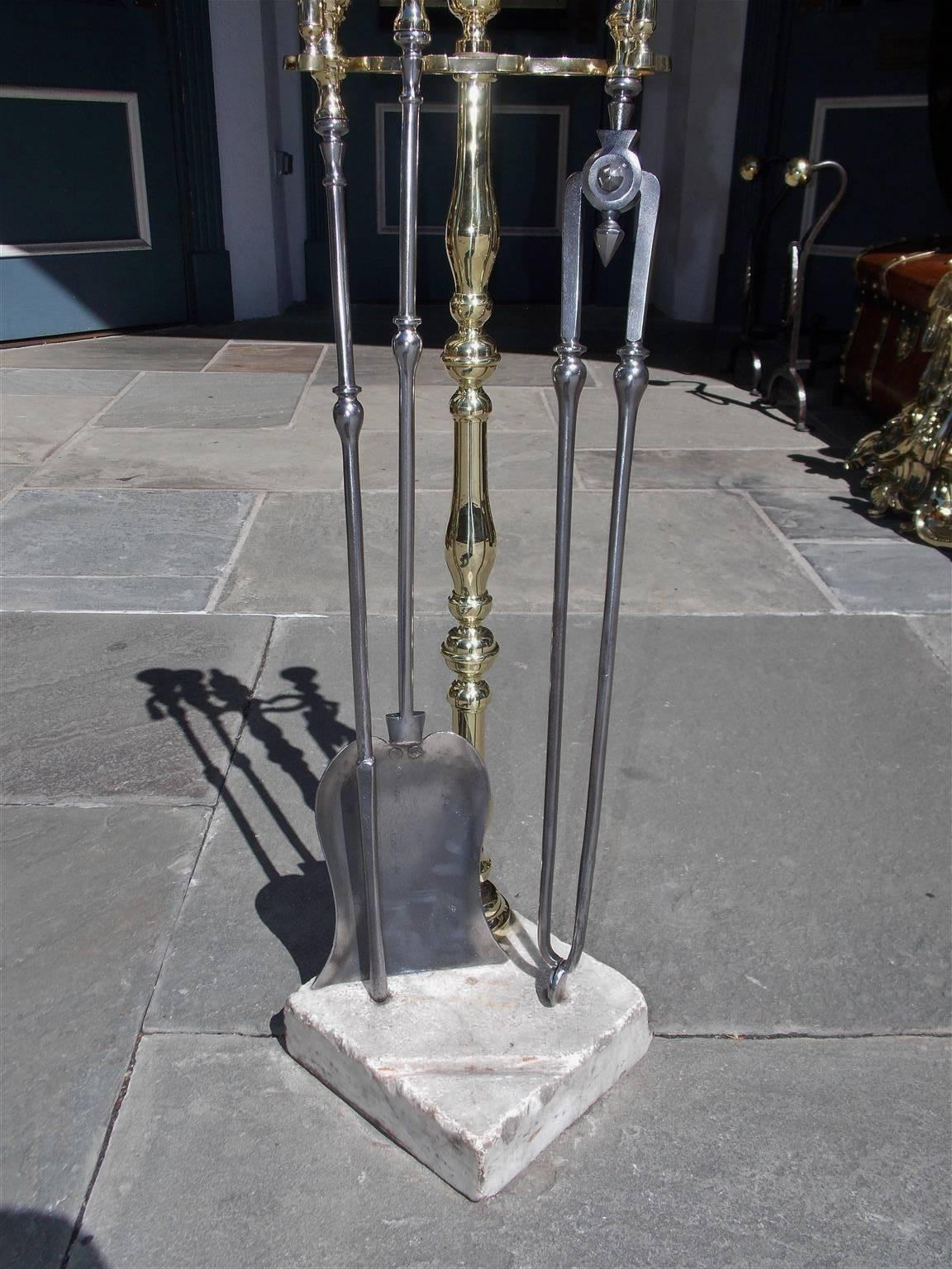 American Brass and Polished Steel Fire Tools on Marble Stand, Circa 1830 In Excellent Condition For Sale In Hollywood, SC