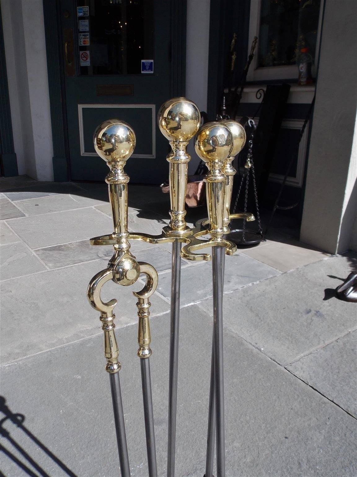 Cast Set of American Ball Top Polished Steel and Brass Tools on Stand, Circa 1840 For Sale