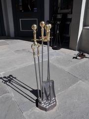 Set of American Ball Top Polished Steel and Brass Tools on Stand, Circa 1840