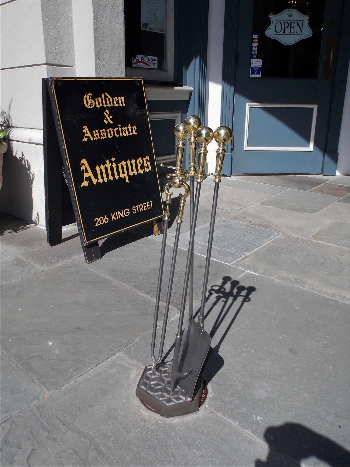 American Empire Set of American Ball Top Polished Steel and Brass Tools on Stand, Circa 1840 For Sale