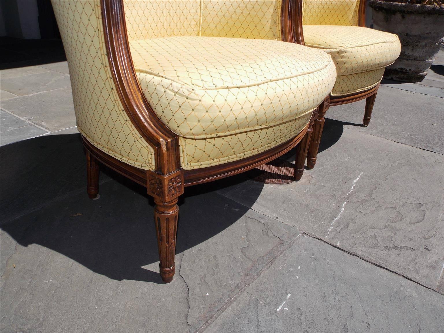 Silk Pair of Italian Walnut Bergere Upholstered Armchairs, Circa 1780 For Sale