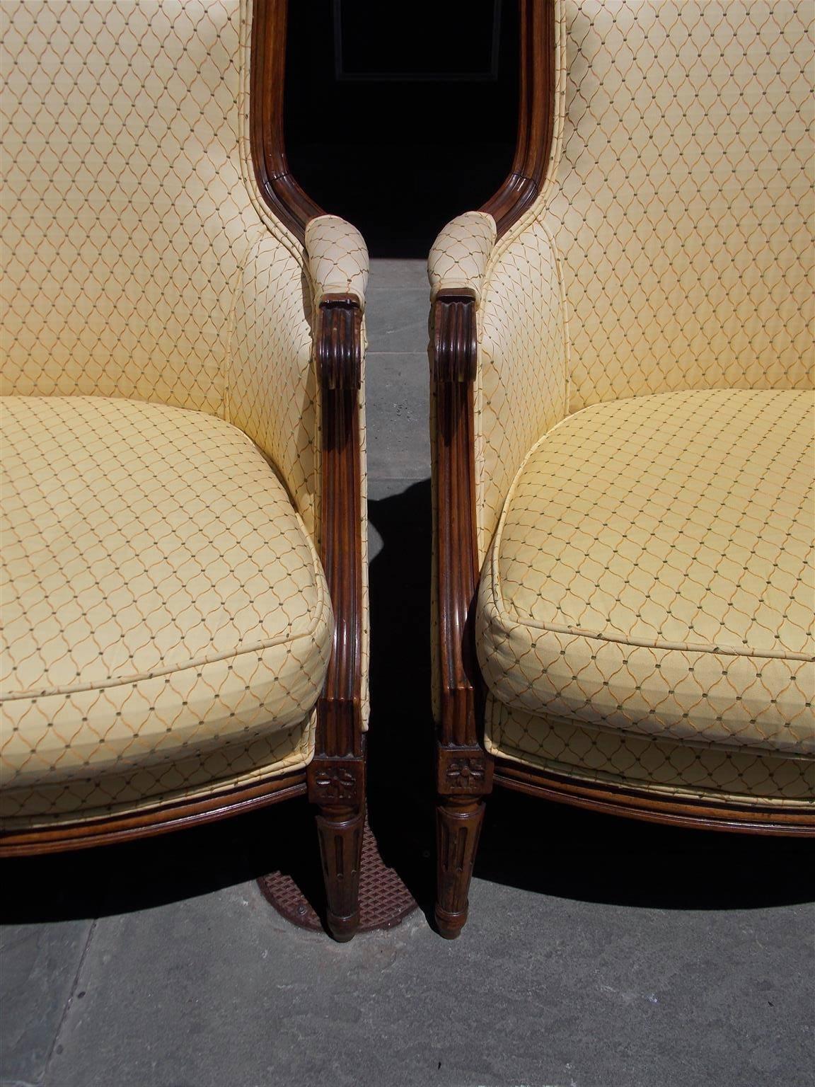 Hand-Carved Pair of Italian Walnut Bergere Upholstered Armchairs, Circa 1780 For Sale