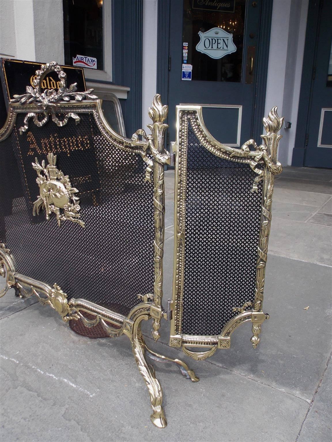 French Brass Decorative Floral and Ribbon Folding Firescreen, Circa 1820 1