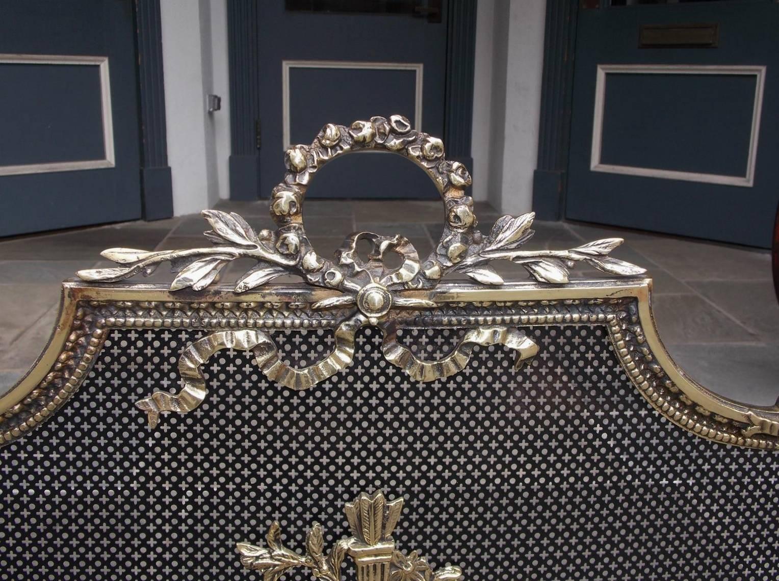 Cast French Brass Decorative Floral and Ribbon Folding Firescreen, Circa 1820