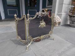 French Brass Decorative Floral and Ribbon Folding Firescreen, Circa 1820