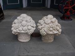 Pair of Italian Hand-Carved Sandstone Fruit and Flower Baskets, Circa 1815