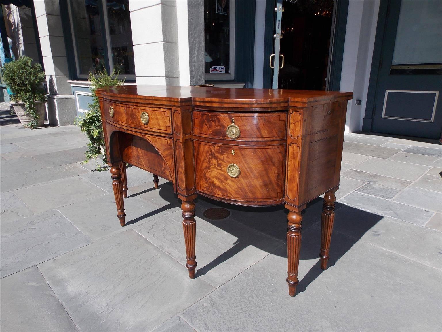 English Regency Mahogany Bow Front Ebony Inlaid Sideboard, Circa 1800 In Excellent Condition For Sale In Hollywood, SC