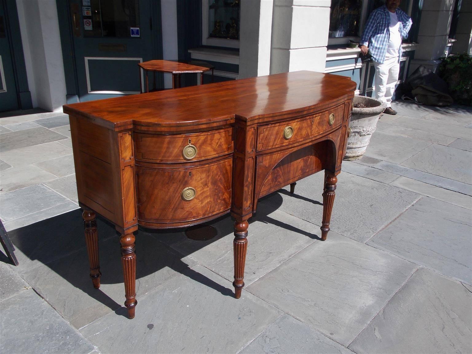 Hand-Carved English Regency Mahogany Bow Front Ebony Inlaid Sideboard, Circa 1800 For Sale