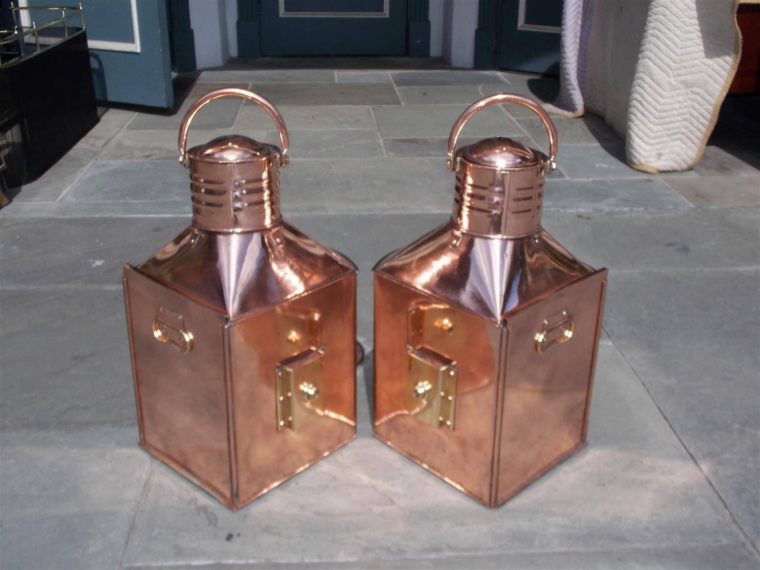 Cast Pair of Anglo-Indian Copper and Brass Port & Starboard Ship Lanterns, Circa 1880 For Sale
