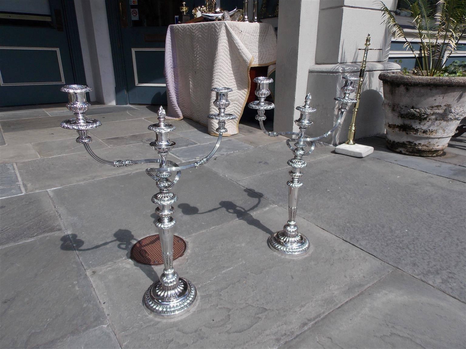 A complete pair of English Regency Sheffield three-light candelabras with intertwined scrolled arms, flame centered removable finials, original hand chased bobeches, centered engraved swan coat of arms, resting on circular fluted gadrooned bases.