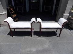 Pair of English Mahogany & Satinwood Bellflower Inlaid Window Benches, C. 1830