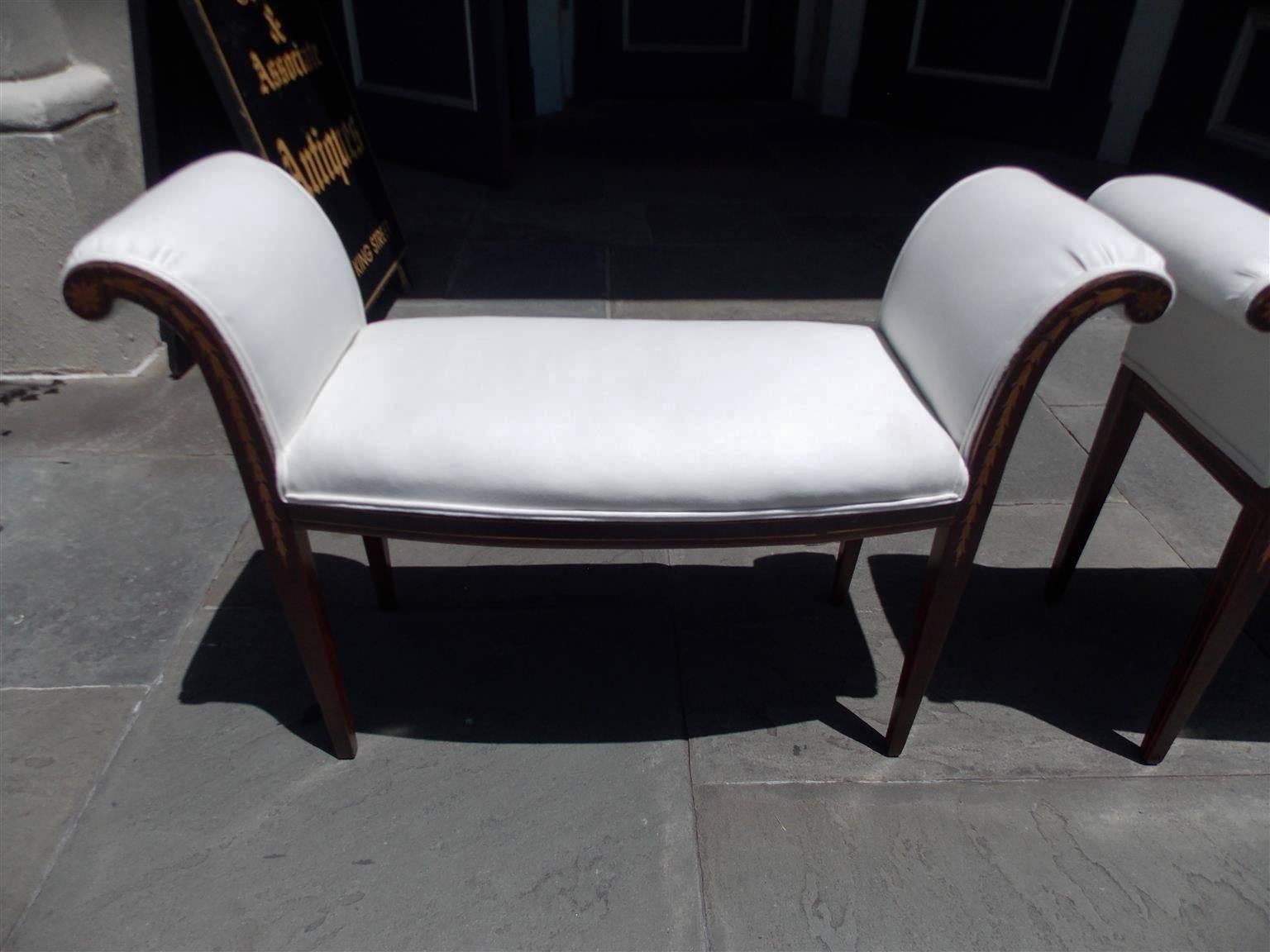 George IV Pair of English Mahogany & Satinwood Bellflower Inlaid Window Benches, C. 1830