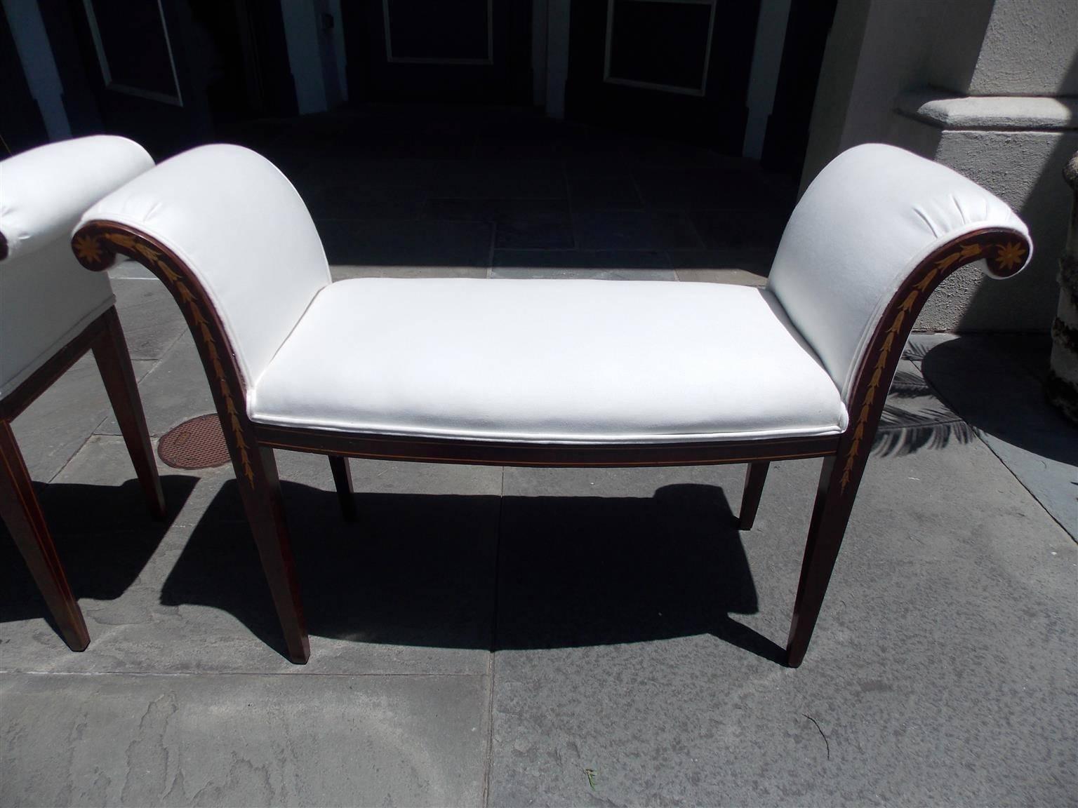 Mid-19th Century Pair of English Mahogany & Satinwood Bellflower Inlaid Window Benches, C. 1830