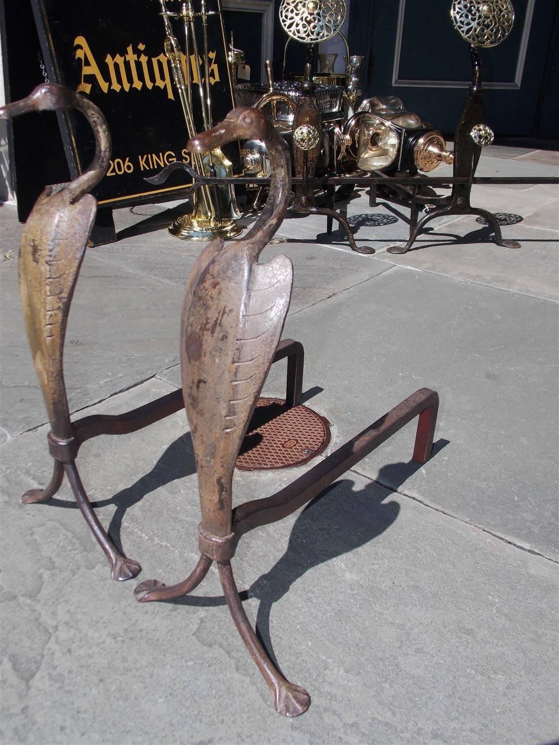 Early 20th Century Pair of American Cast Iron Hand Chased Egret Andirons, Circa 1900