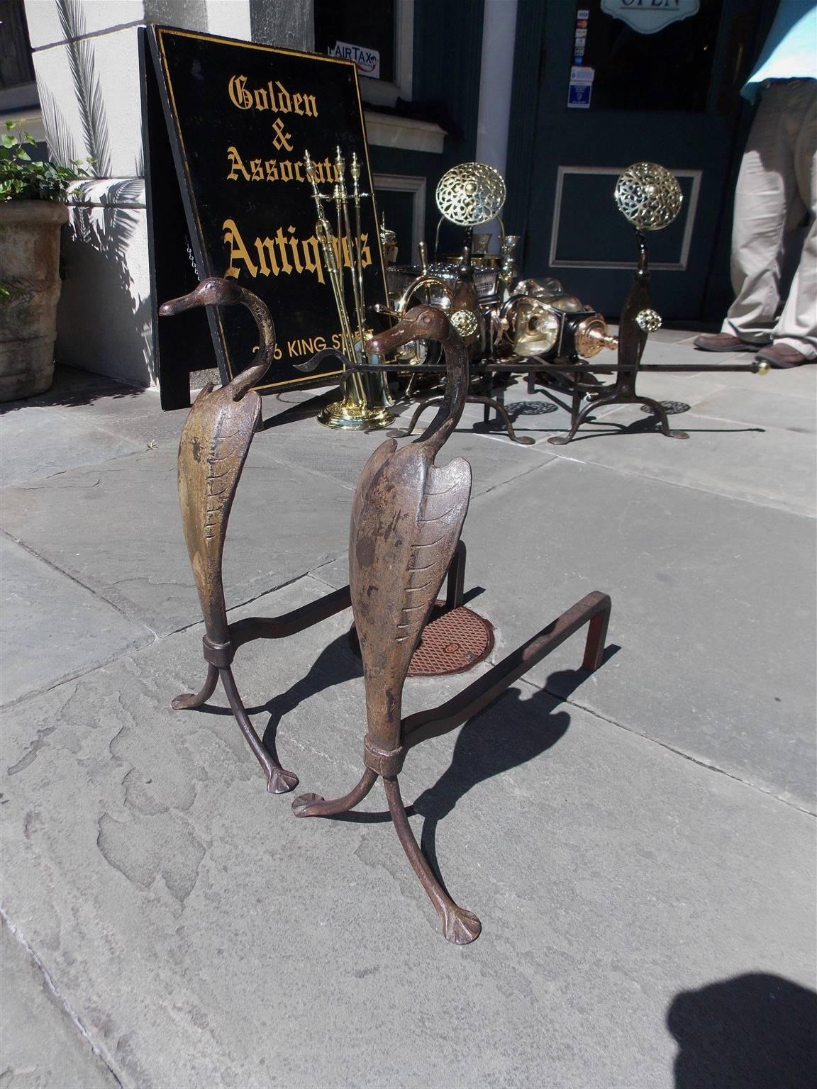 Pair of American Cast Iron Hand Chased Egret Andirons, Circa 1900 In Excellent Condition In Hollywood, SC