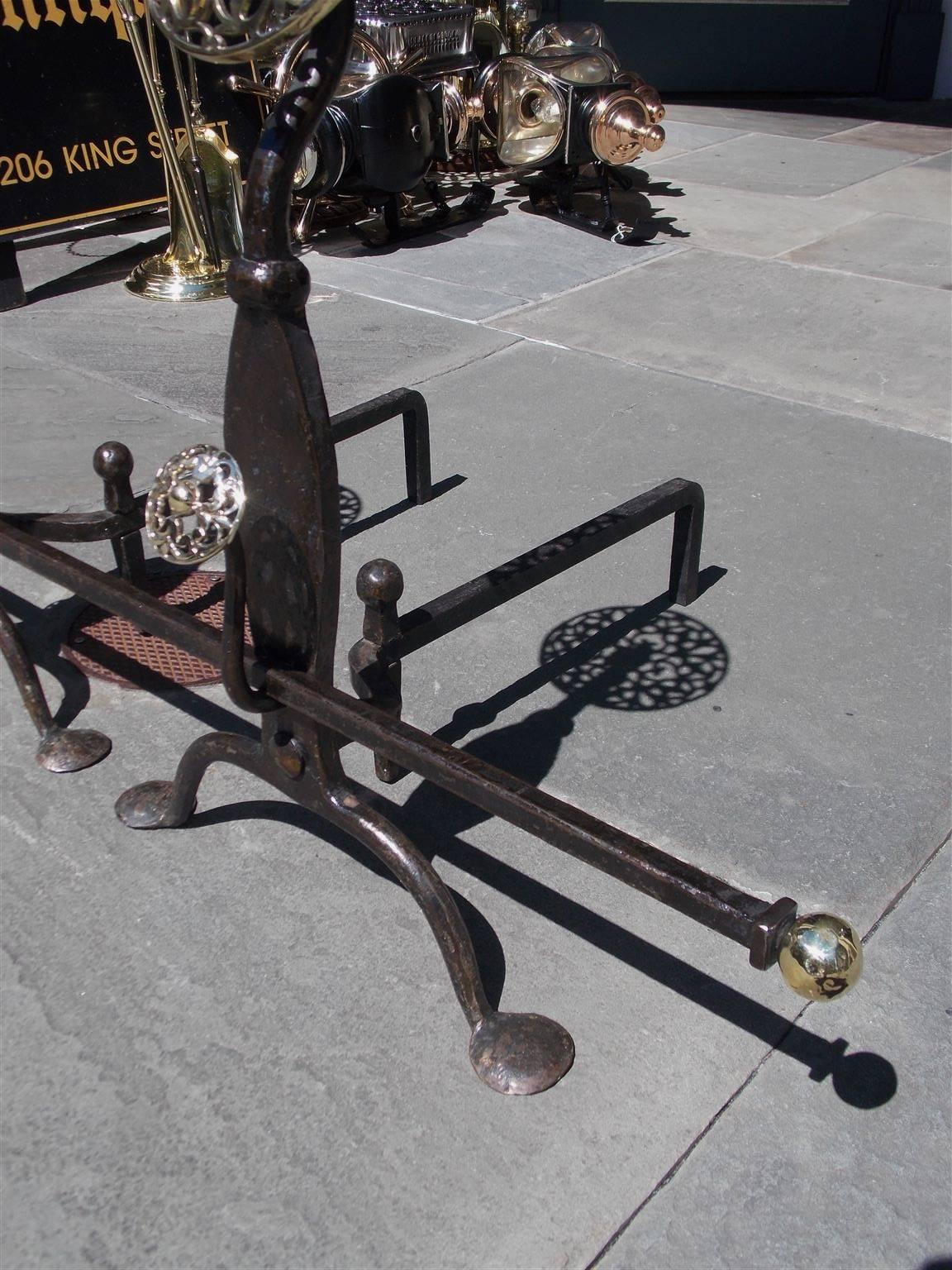 Pair of English Brass and Cast Iron Double Medallion Andirons, Circa 1840 For Sale 5