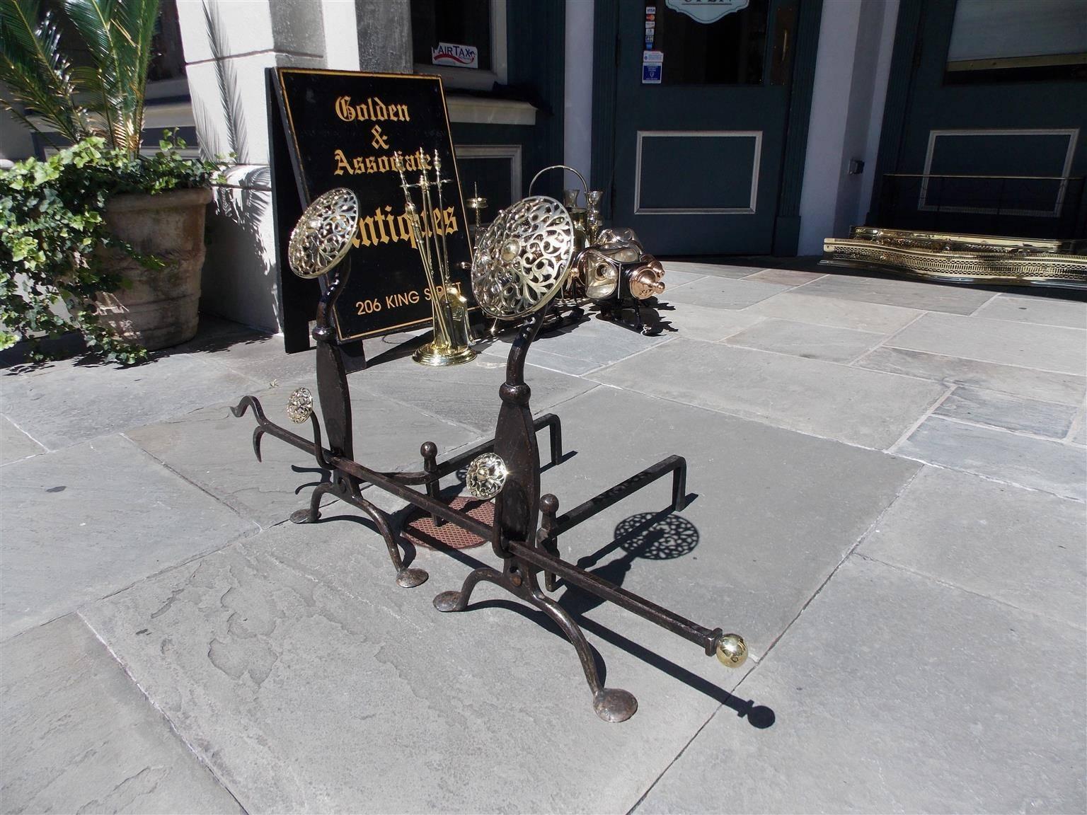 Pair of English Brass and Cast Iron Double Medallion Andirons, Circa 1840 In Excellent Condition For Sale In Hollywood, SC