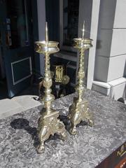 Pair of Italian Brass Figural and Decorative Foliage Prickets, Circa 1760