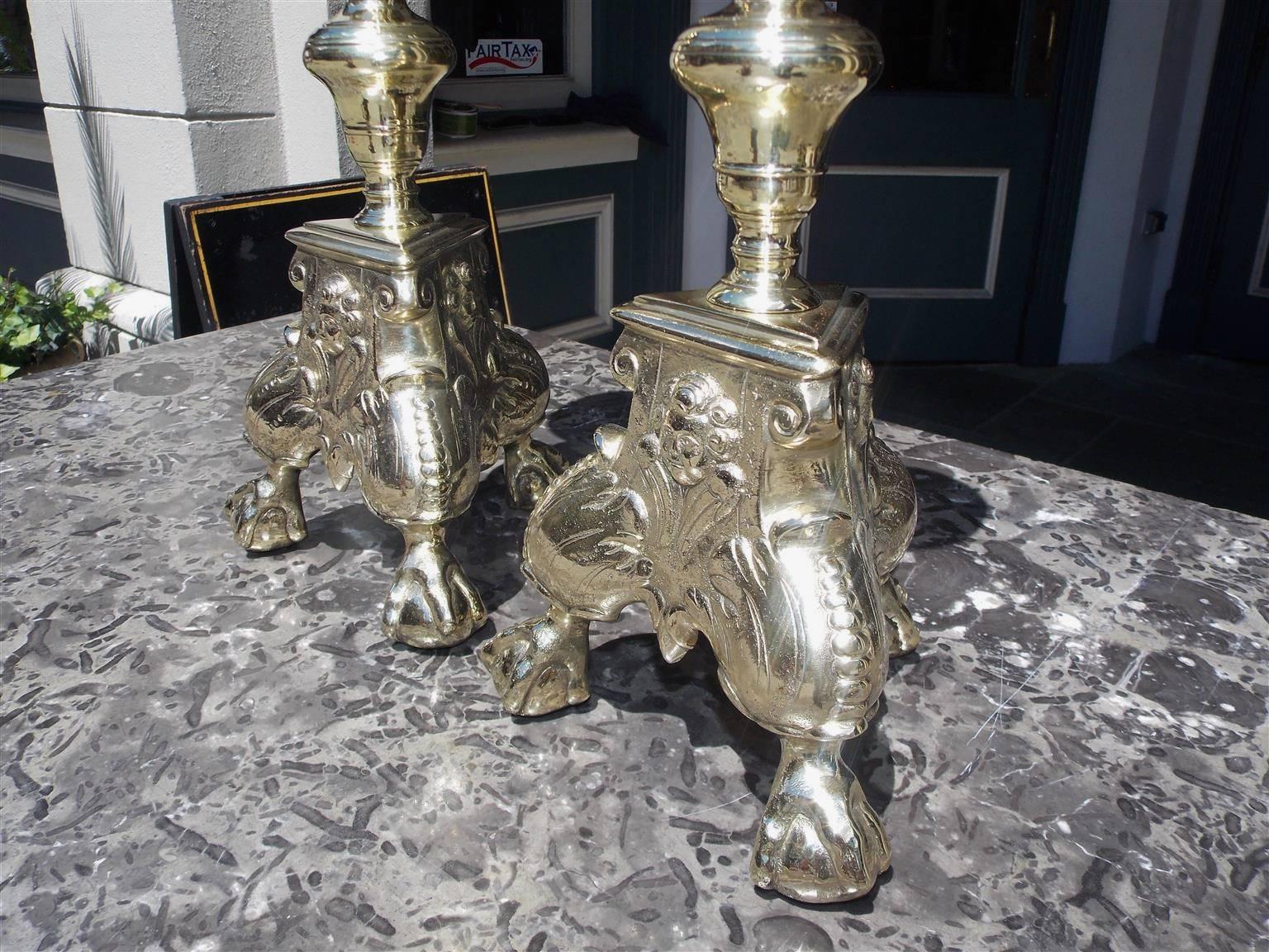 Mid-18th Century Pair of Italian Brass Figural and Decorative Foliage Prickets, Circa 1760 For Sale