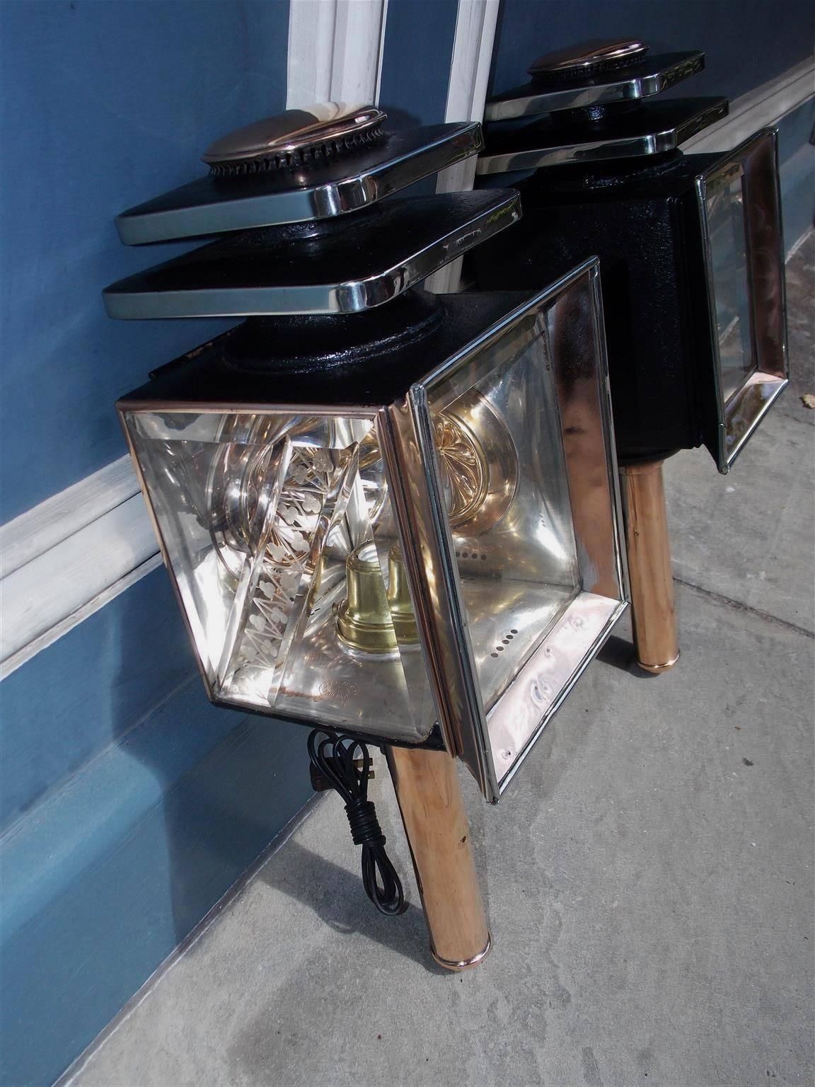 Hand-Crafted Pair of American Nickel Silver and Copper Coach Lanterns, Phil, Circa 1860