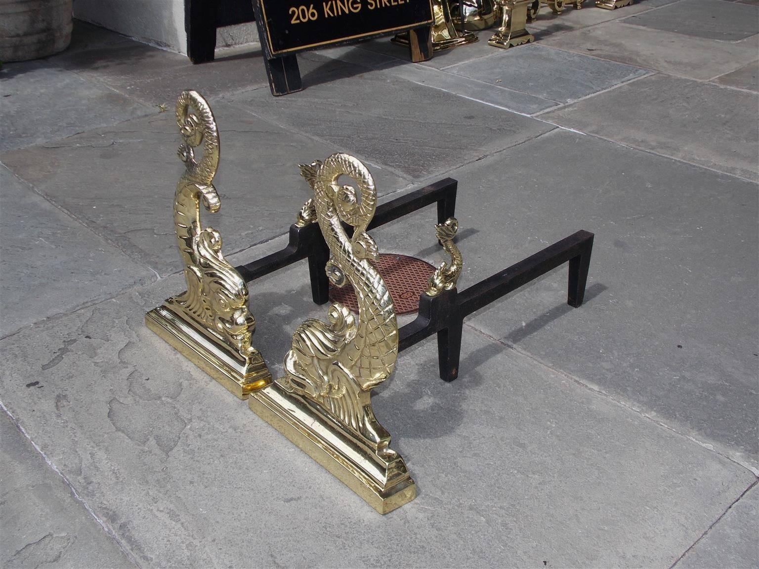 American Empire Pair of American Brass and Iron Dolphin Fire Place Andirons, Circa 1850 For Sale