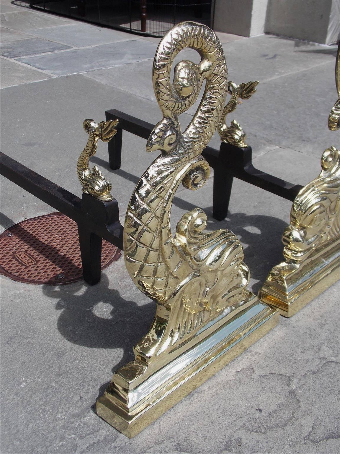 Pair of American Brass and Iron Dolphin Fire Place Andirons, Circa 1850 In Excellent Condition For Sale In Hollywood, SC