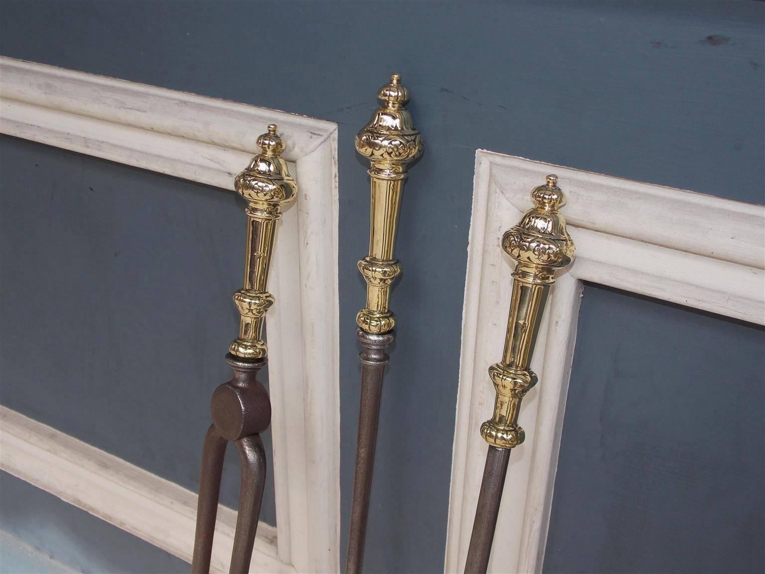 George III Set of Three English Polished Steel and Brass Fire Place Tools, Circa 1800 For Sale