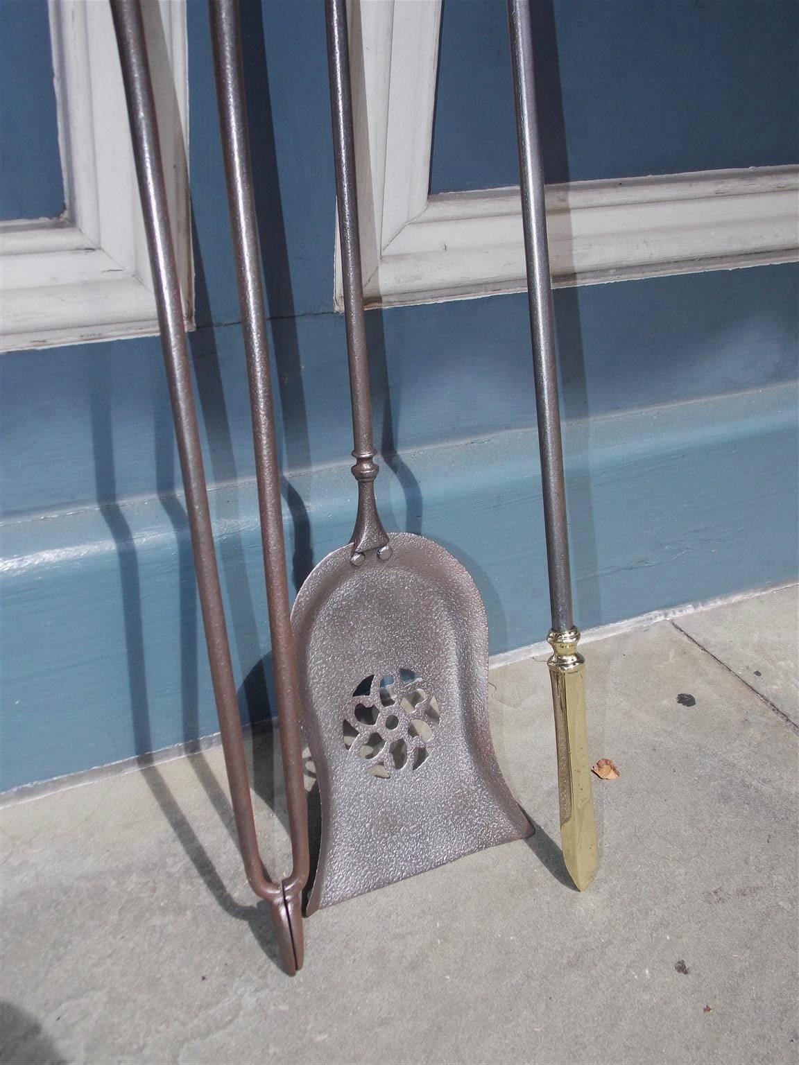 Cast Set of Three English Polished Steel and Brass Fire Place Tools, Circa 1800 For Sale