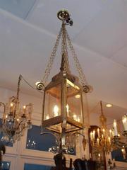 Pair of American Brass and Wrought Iron Hanging Gasolier Lanterns, Circa 1840