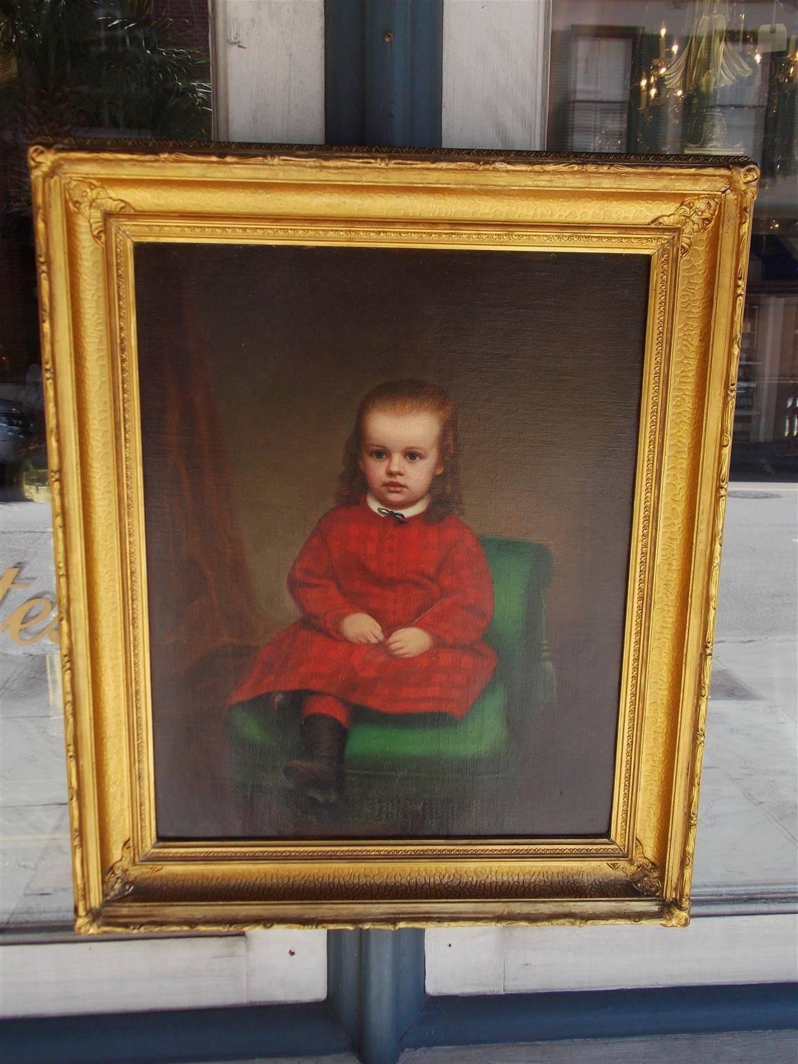 Portrait américain à l'huile sur toile d'une jeune femme assise dans la flamme florale en bois doré d'origine, New York, milieu du XIXe siècle.