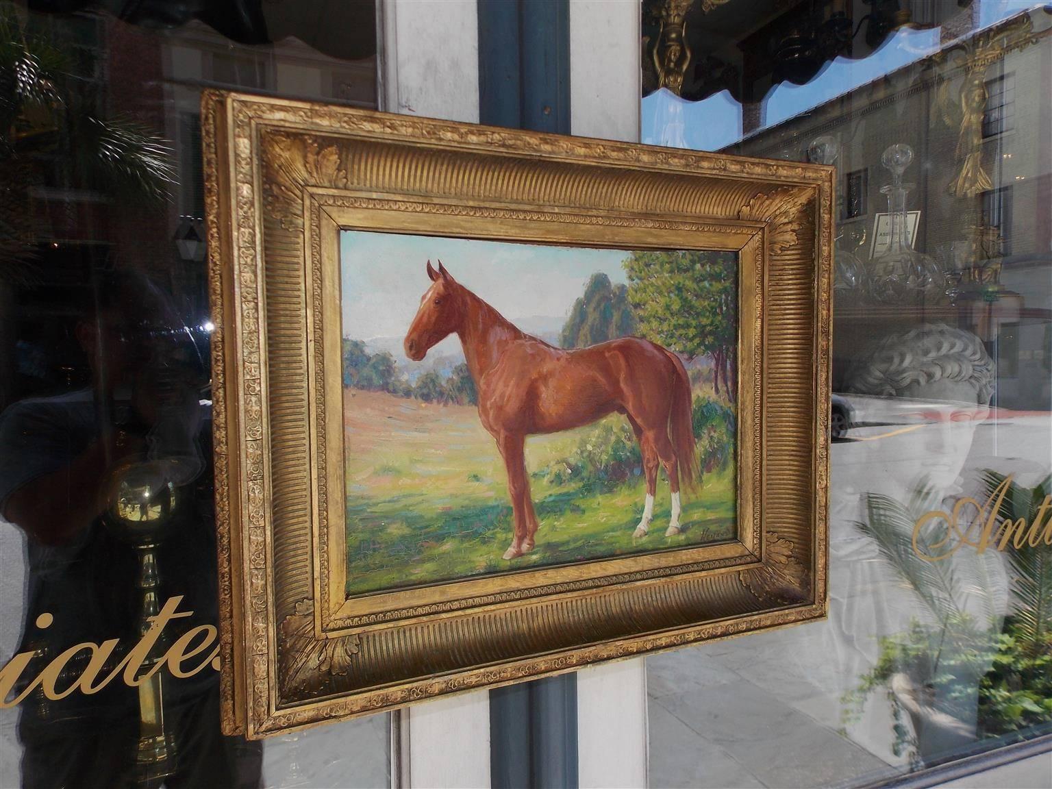 American oil on board portrait of horse landscape in the original gold gilt floral frame. Signed James Weiland, (1872-1968) New York, Early 20th century.

Weiland studied at the Royal Academy in Munich, Colarossi in Paris, the Art Students league