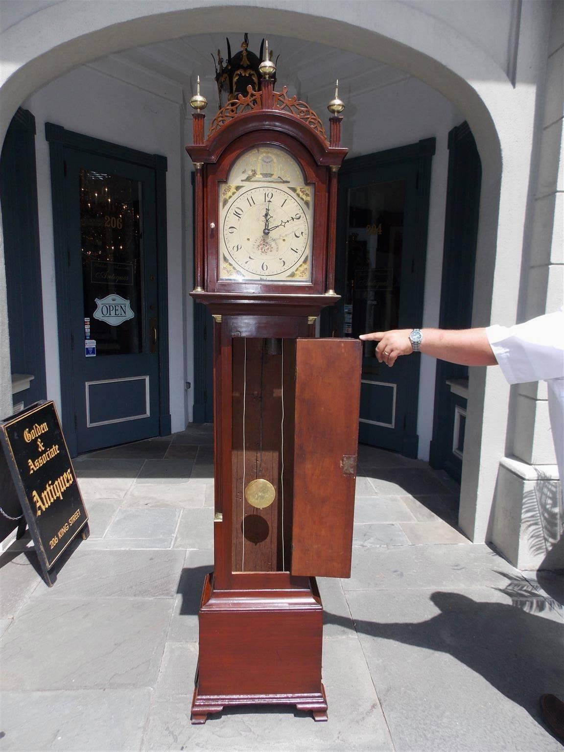 Brass American Federal Mahogany Tall Case Clock, Silas Hoadley, CT, Circa 1820 For Sale
