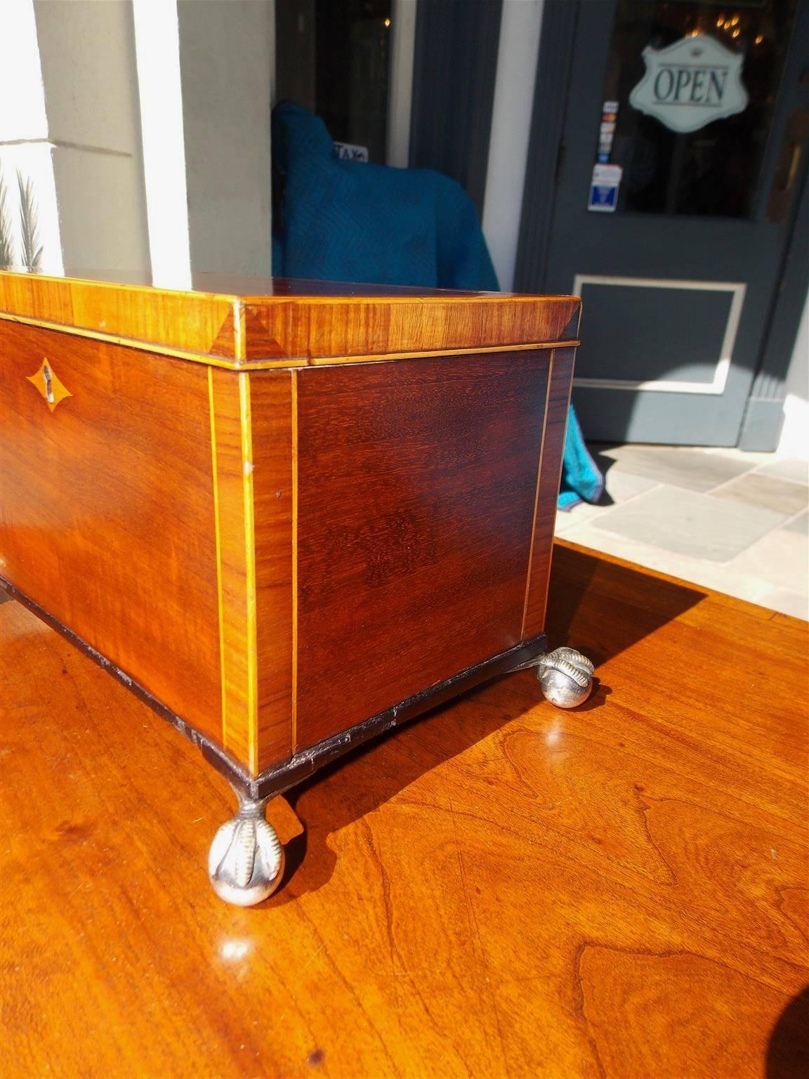 English Regency Mahogany and Tulipwood Inlaid Tea Caddy, Circa 1815 In Excellent Condition In Hollywood, SC