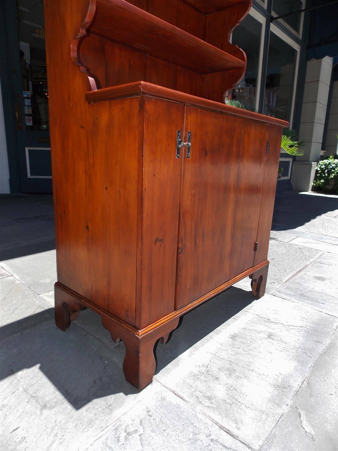 Mid-19th Century American White Pine Step Back Scalloped Cupboard, Circa 1850