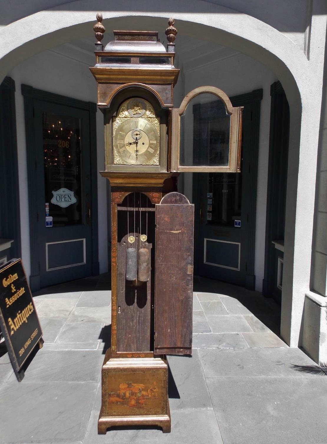 Glass English Chinoiserie Figural & Landscape Tall Case Clock, Joshua Allsop, C. 1700