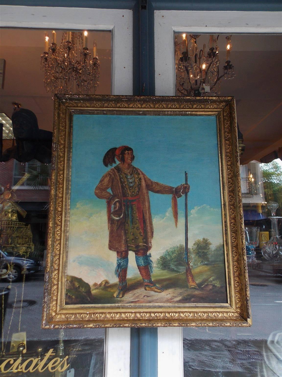 American oil on canvas portrait of Osceola standing with Musket in the original gilt floral frame. Landscape in background, Late 19th century

Osceola was a Seminole war chief who led the resistance to the Campaign by U.S. Federal troops to forcibly