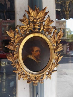 Italian Oval Oil on Board Gilt Carved Wood Portrait of a Gentleman, Circa 1770