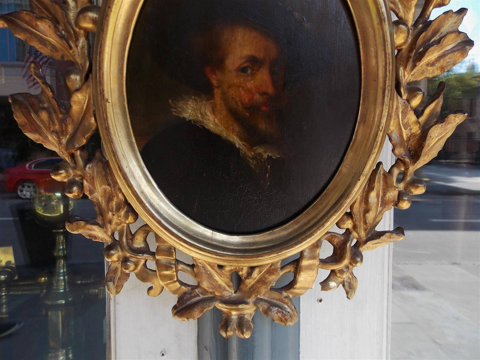 Hand-Carved Italian Oval Oil on Board Gilt Carved Wood Portrait of a Gentleman, Circa 1770 For Sale