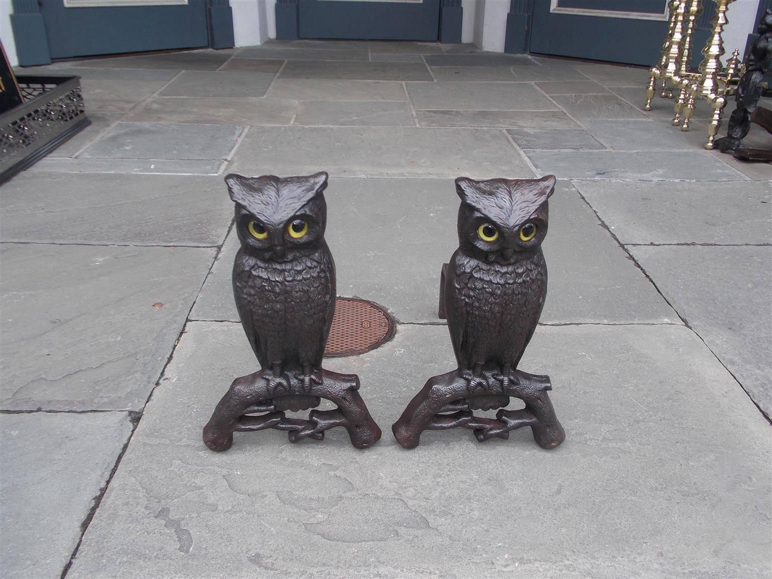 American Craftsman Pair of American Cast Iron Perched Owl Andirons, Boston, Circa 1900